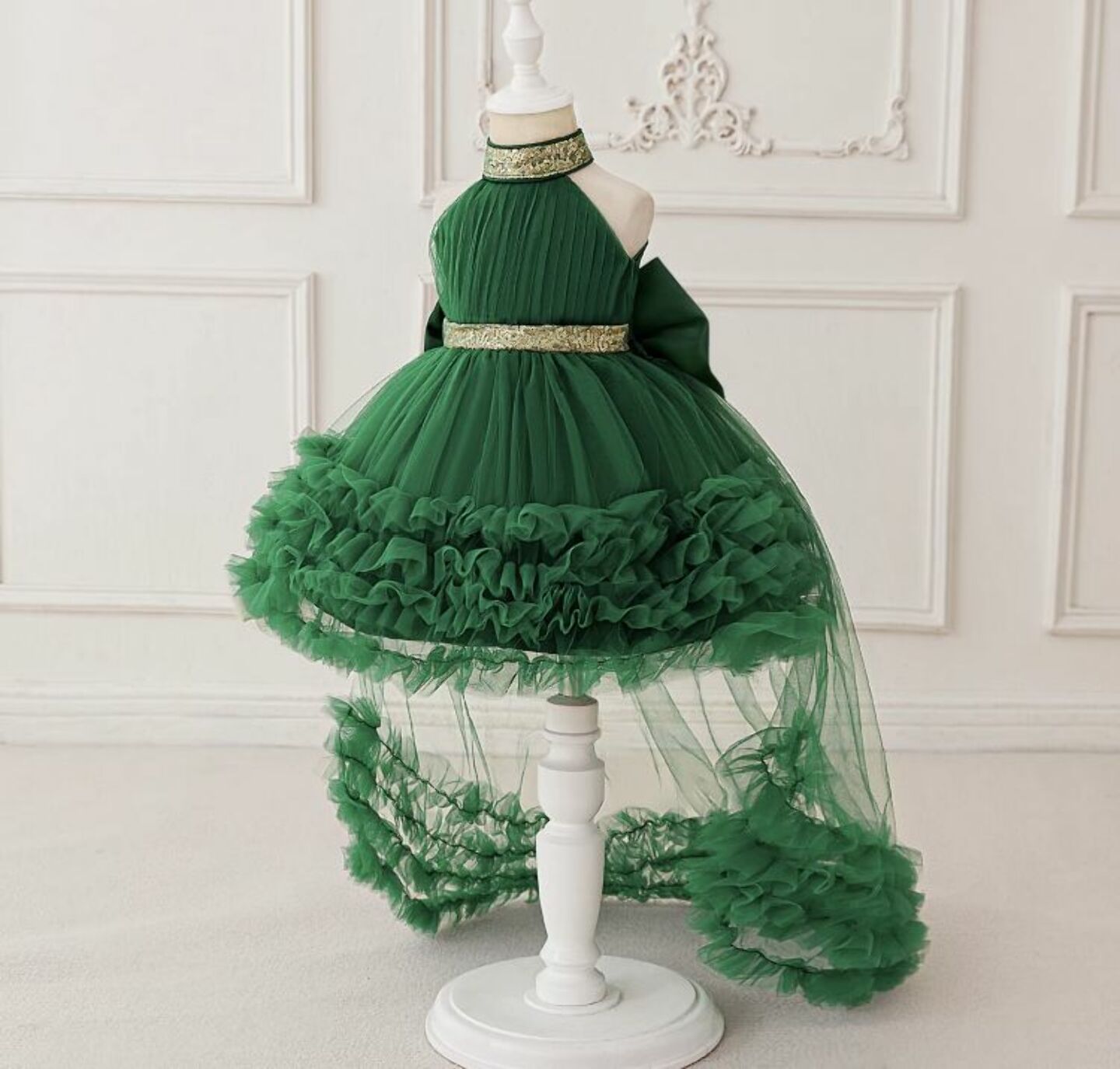 Georgia Forest Green Tiered Tulle Party Dress with Removable Tail