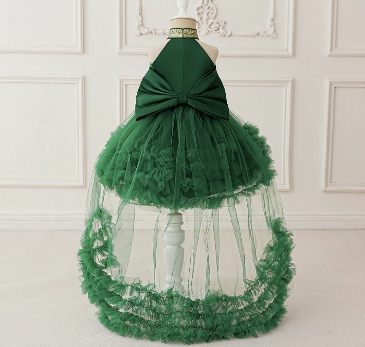 Georgia Forest Green Tiered Tulle Party Dress with Removable Tail