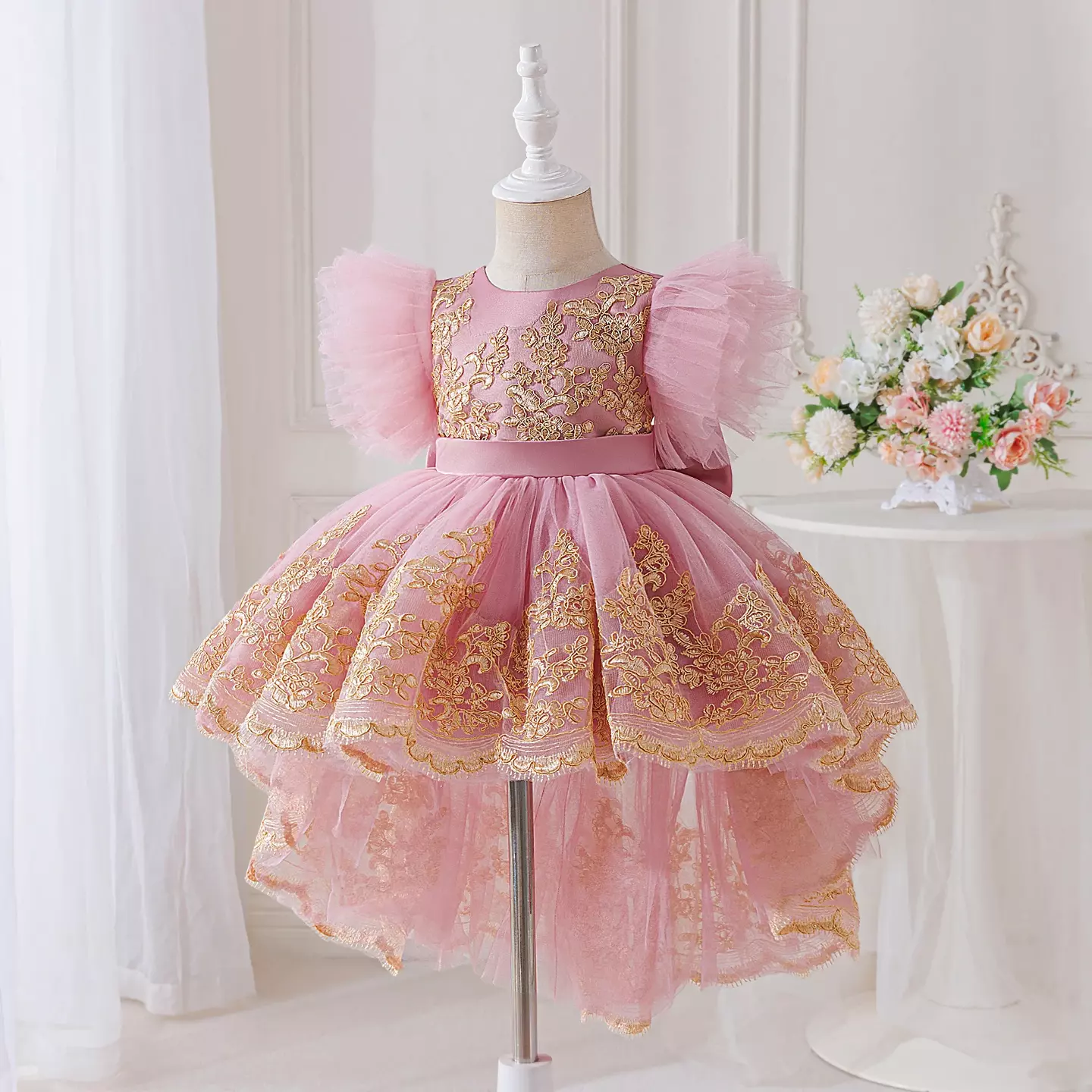 Rosamund Girls Dusty Pink Gold Lace High-Low Tulle Party Dress