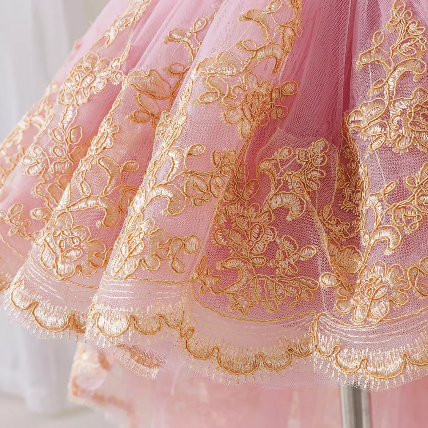 Rosamund Girls Dusty Pink Gold Lace High-Low Tulle Party Dress