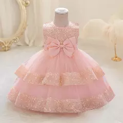 Lindsey Peach Pink Sequin Bow Tiered Tulle Baby Girls Dress | Lucys