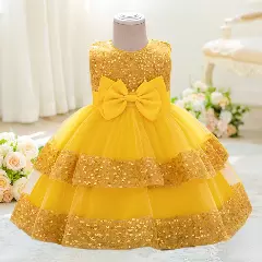 Lindsey Yellow Sequin Bow Tiered Tulle Baby Girls Party Dress | Lucys