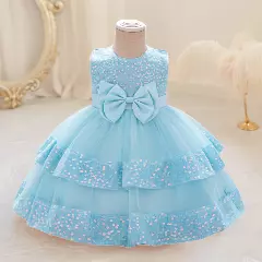 Lindsey Light Blue Sequin Bow Tiered Tulle Baby Girls Dress | Lucys