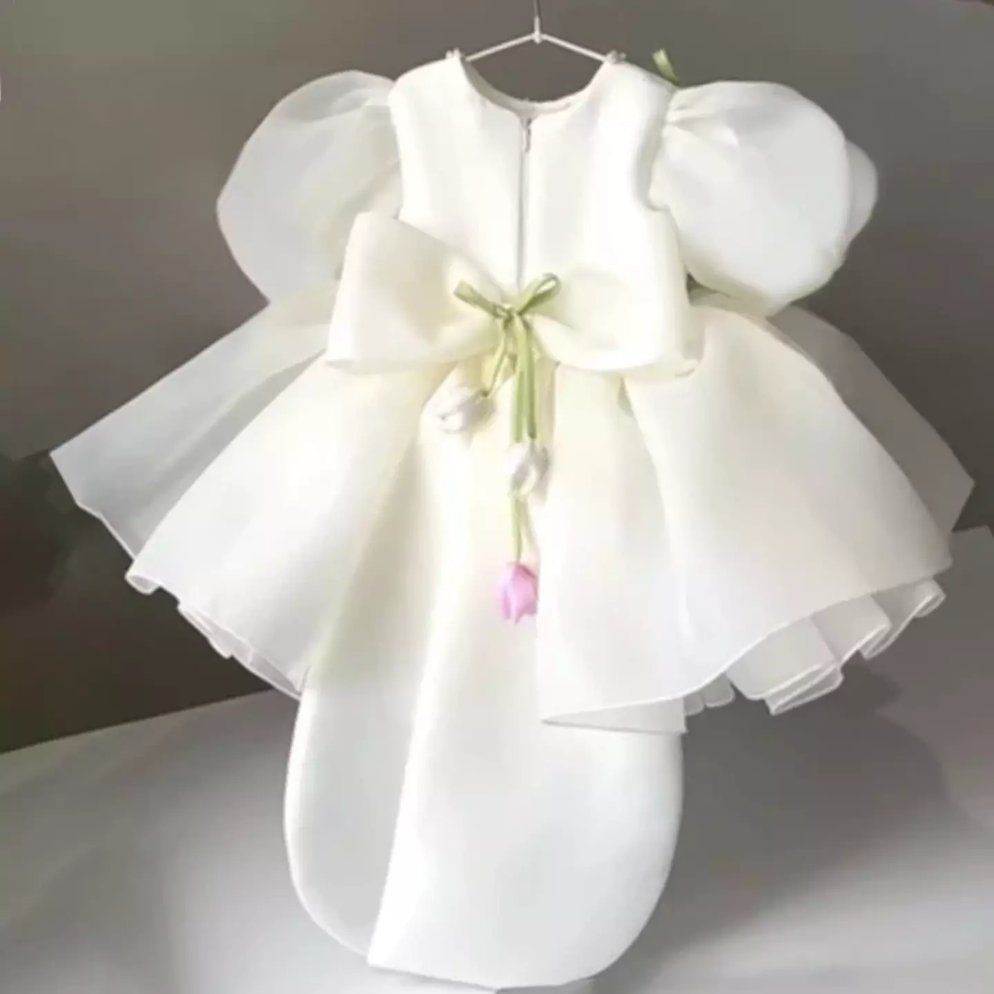Marina White Organza Flower Girl Dress - Pearl Trim Puff Sleeve Knee Length Dress for Girls