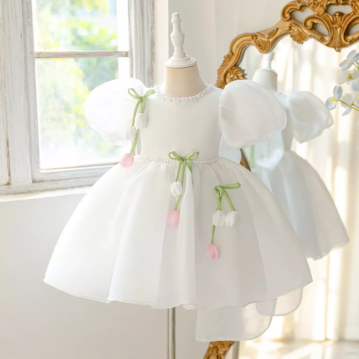 Marina White Organza Flower Girl Dress - Pearl Trim Puff Sleeve Knee Length Dress for Girls