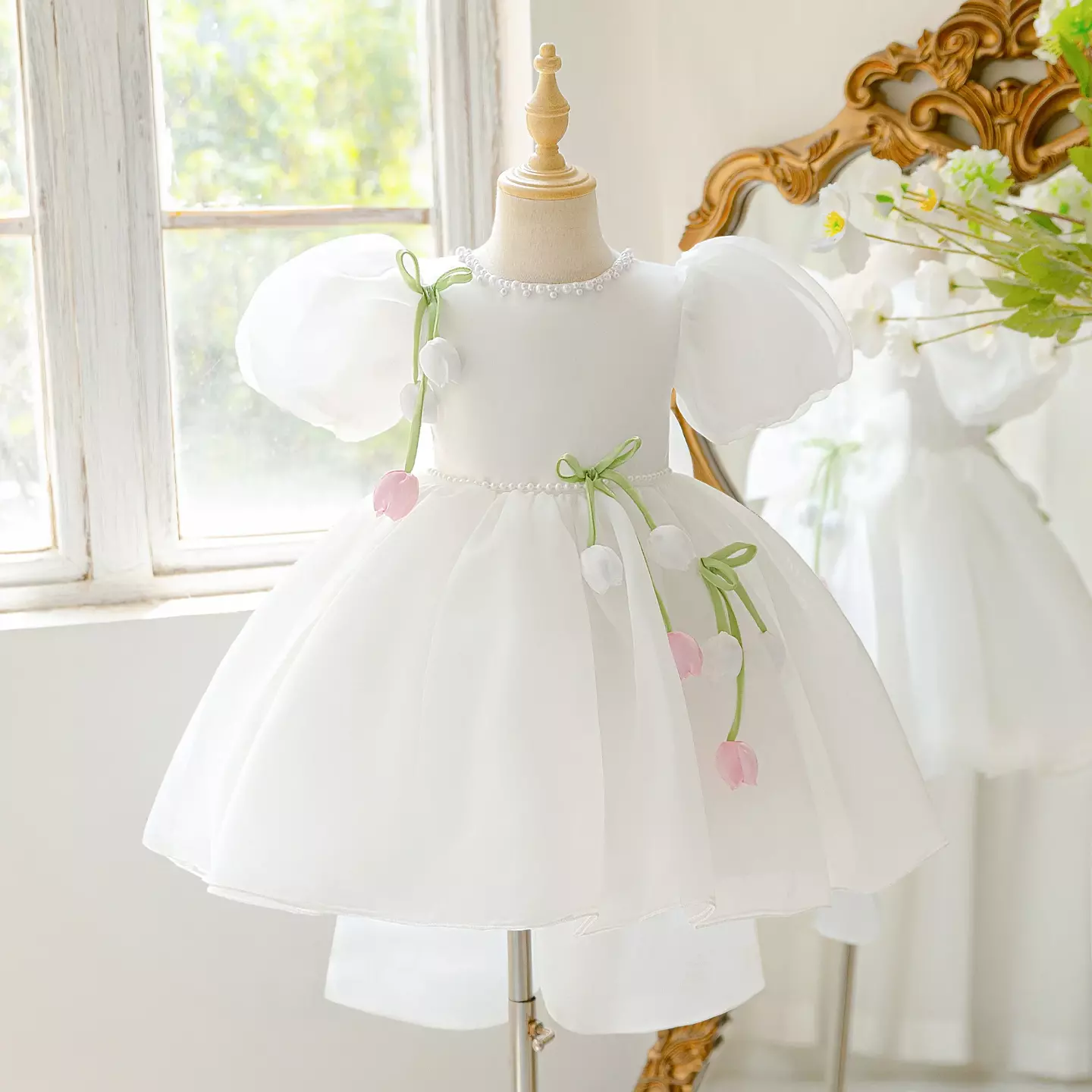 Marina White Organza Flower Girl Dress - Pearl Trim Puff Sleeve Knee Length Dress for Girls