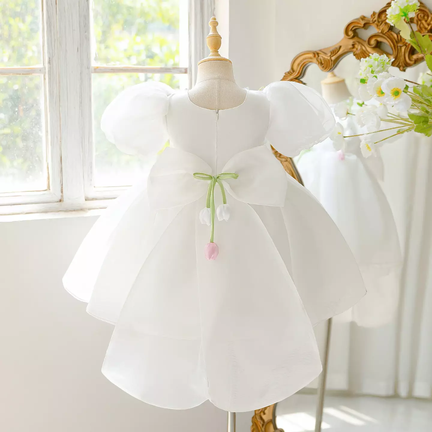Marina White Organza Flower Girl Dress - Pearl Trim Puff Sleeve Knee Length Dress for Girls