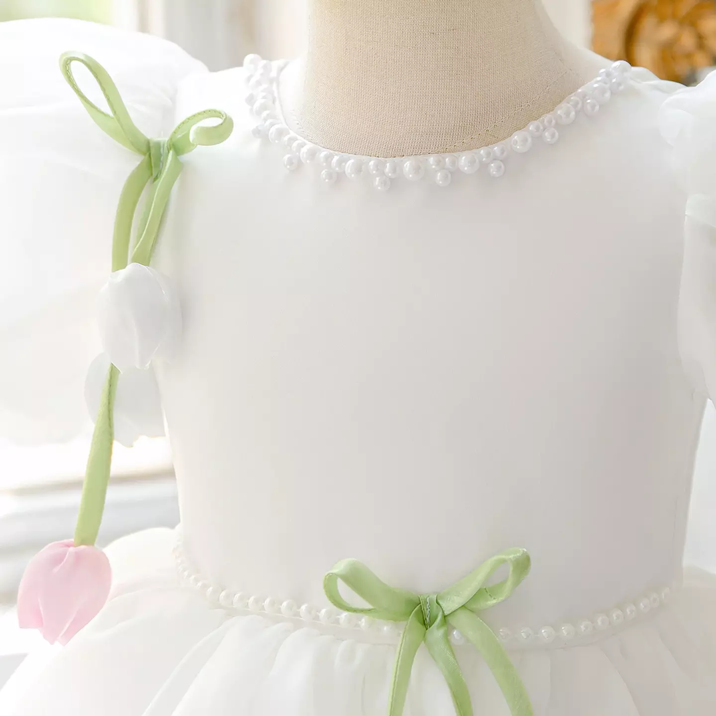 Marina White Organza Flower Girl Dress - Pearl Trim Puff Sleeve Knee Length Dress for Girls