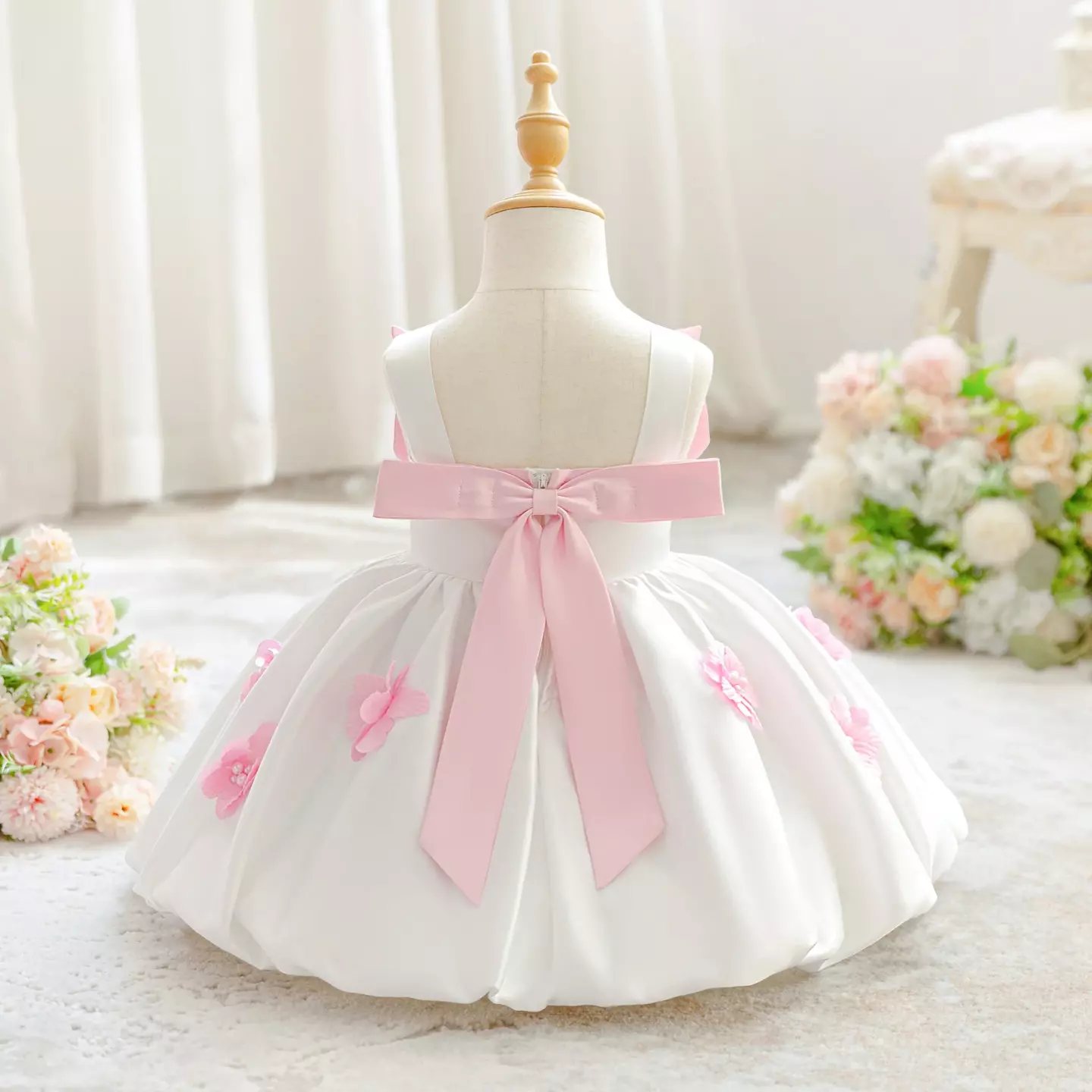 Harrison White & Pink Satin Bow Baby Flower Girl Dress - Knee Length Christening & Party Dress