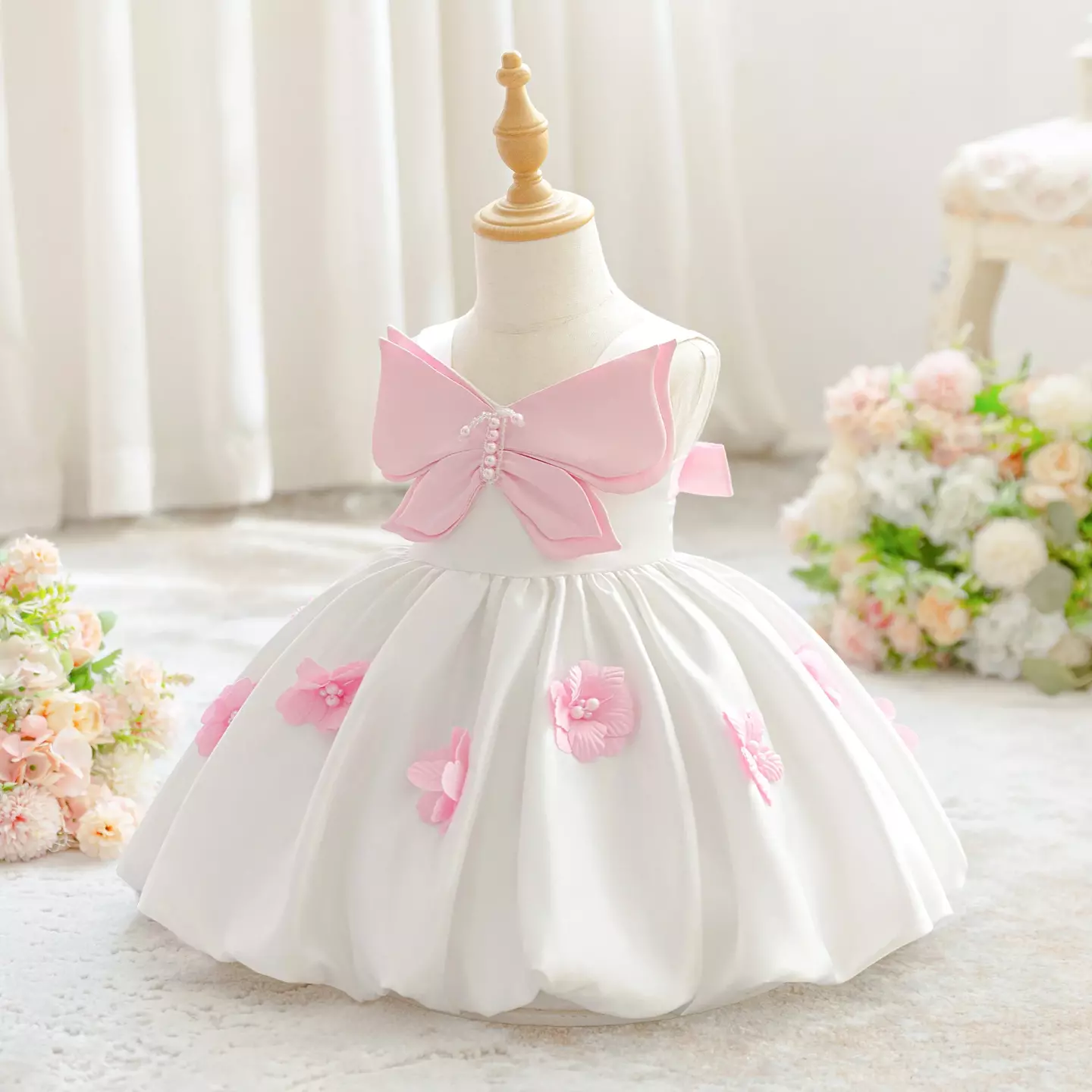 Harrison White & Pink Satin Bow Baby Flower Girl Dress - Knee Length Christening & Party Dress