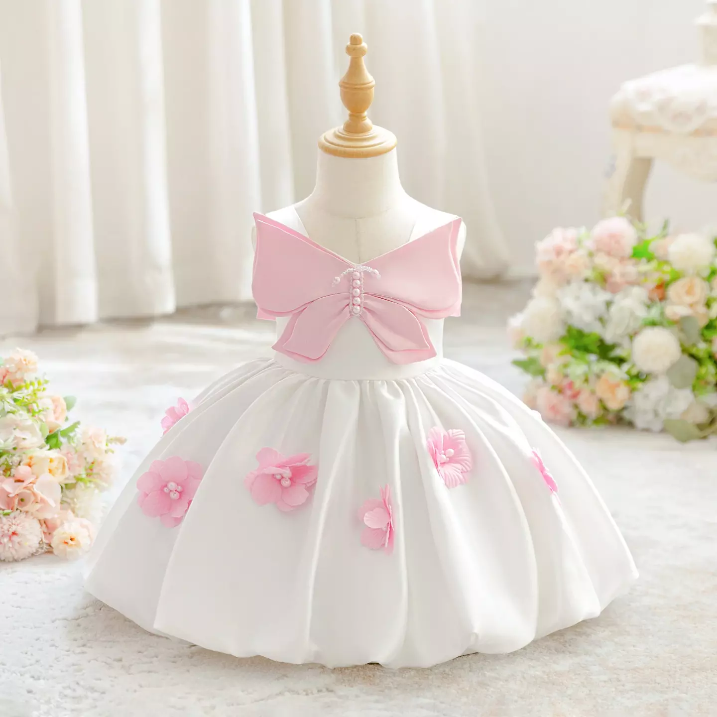 Harrison White & Pink Satin Bow Baby Flower Girl Dress - Knee Length Christening & Party Dress
