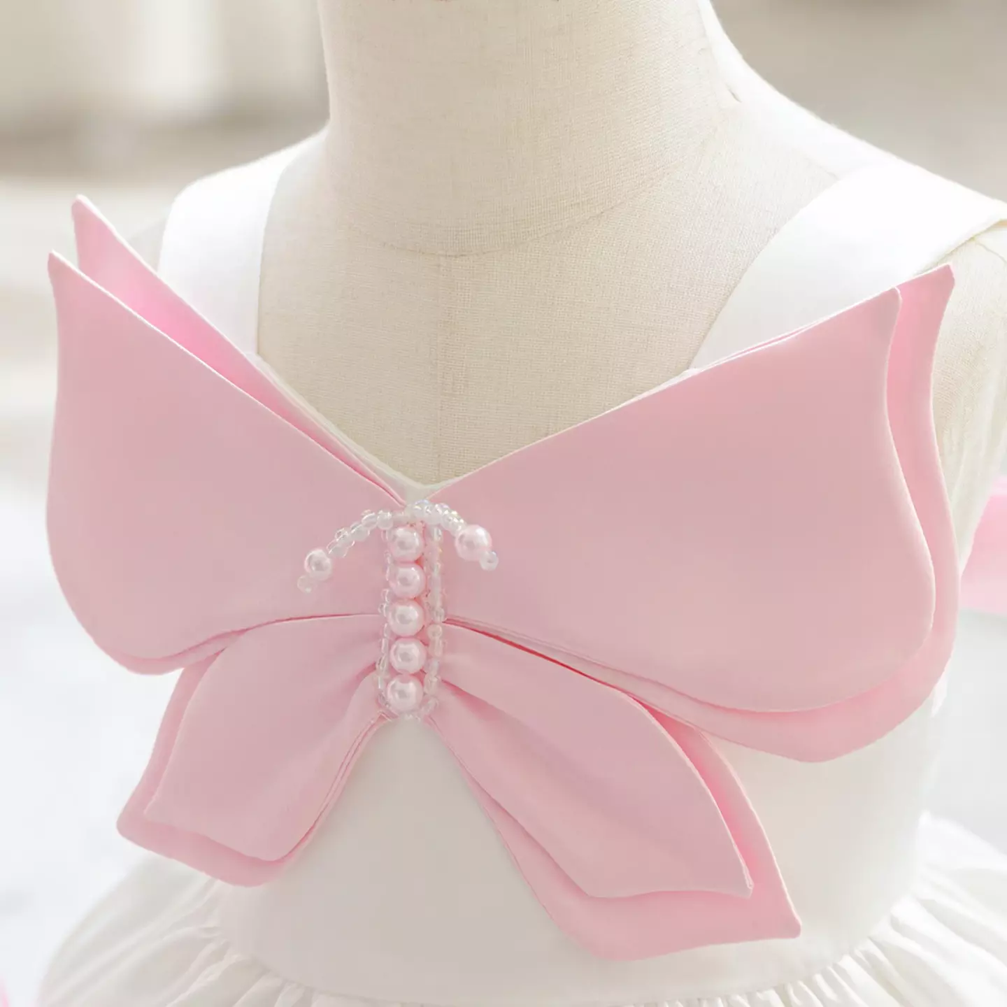Harrison White & Pink Satin Bow Baby Flower Girl Dress - Knee Length Christening & Party Dress