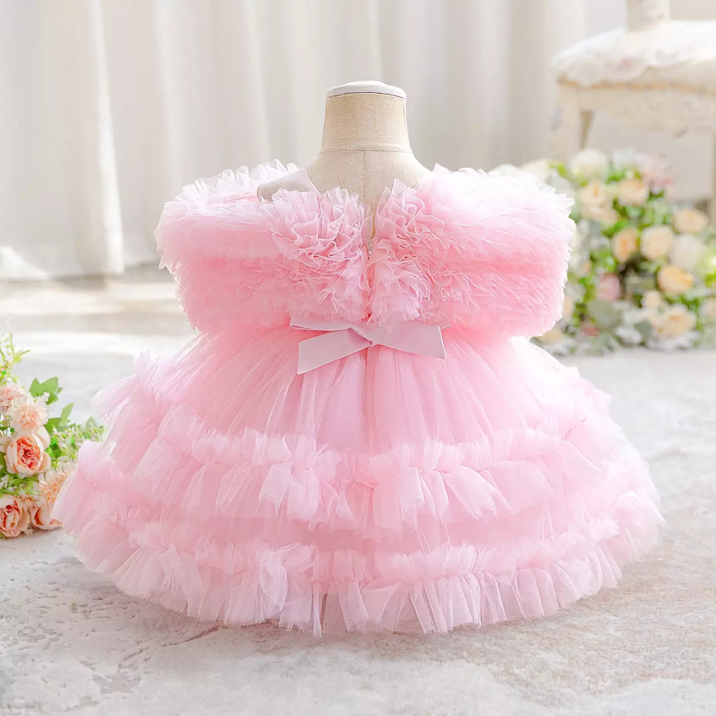 Charlize Pink Tiered Tulle Baby Party Dress - Ruffle Trim Knee Length Birthday Dress for Girls