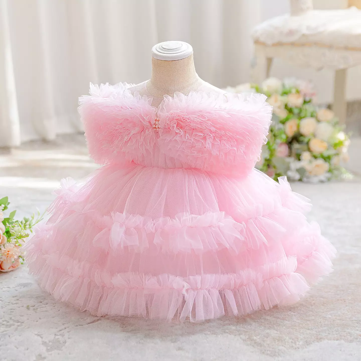 Charlize Pink Tiered Tulle Baby Party Dress - Ruffle Trim Knee Length Birthday Dress for Girls