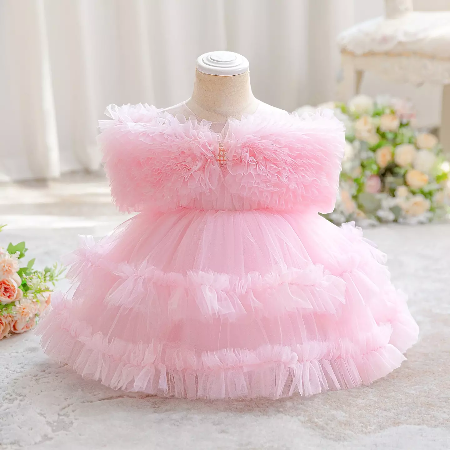Charlize Pink Tiered Tulle Baby Party Dress - Ruffle Trim Knee Length Birthday Dress for Girls