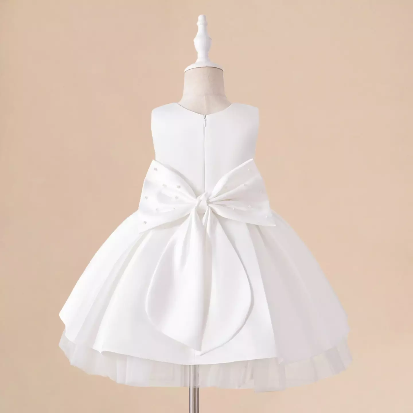 Kristi White Pearl Collar Satin Bow Christening & Flower Girl Dress