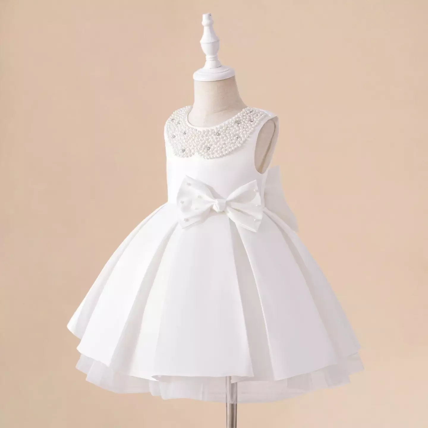 Kristi White Pearl Collar Satin Bow Christening & Flower Girl Dress
