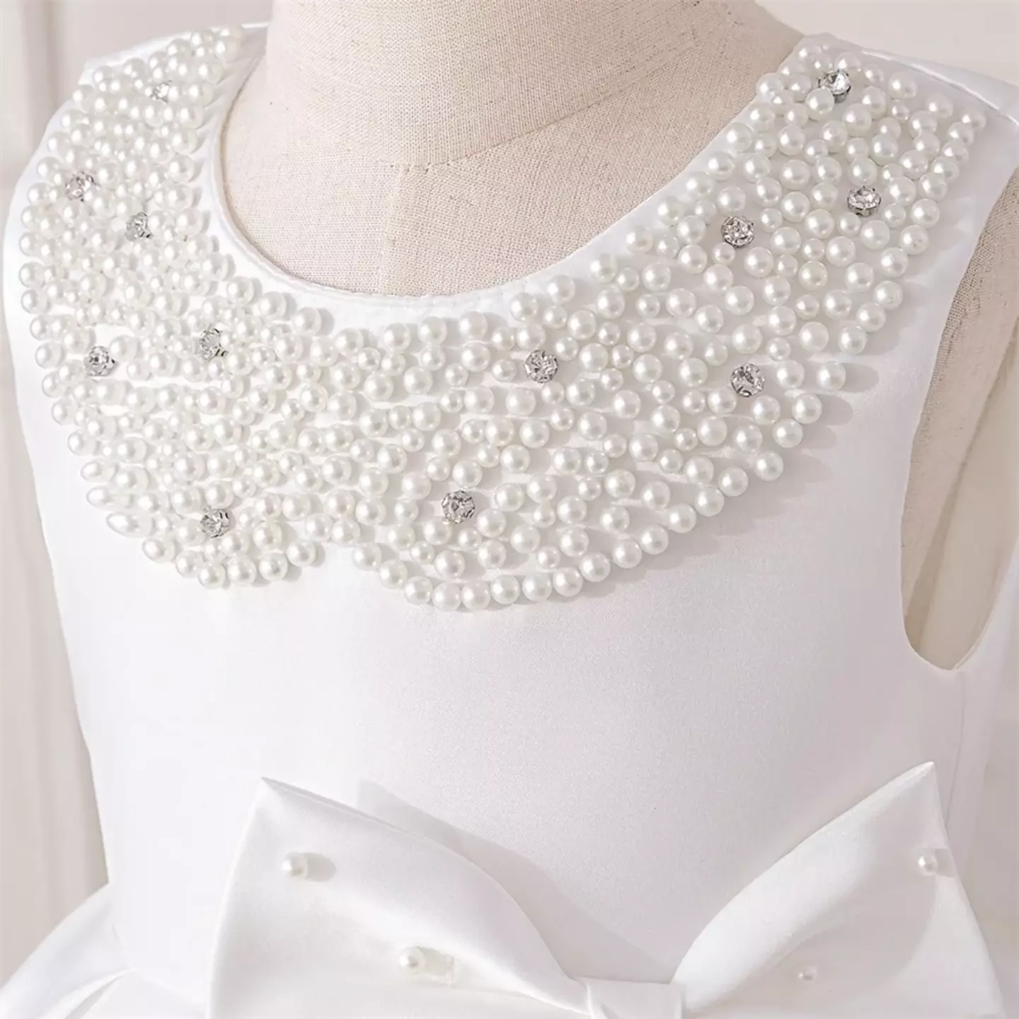 Kristi White Pearl Collar Satin Bow Christening & Flower Girl Dress