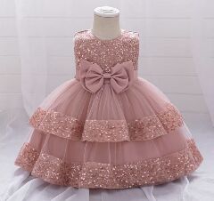 Lindsey Dusty Pink Sequin Bow Tiered Tulle Baby Girls Dress | Lucys
