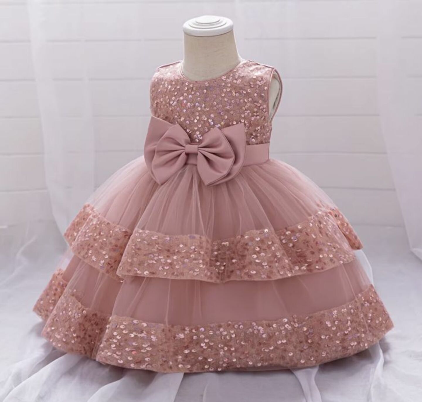 Lindsey Dusty Pink Sequin Bow Tiered Tulle Baby Girls Dress | Lucys