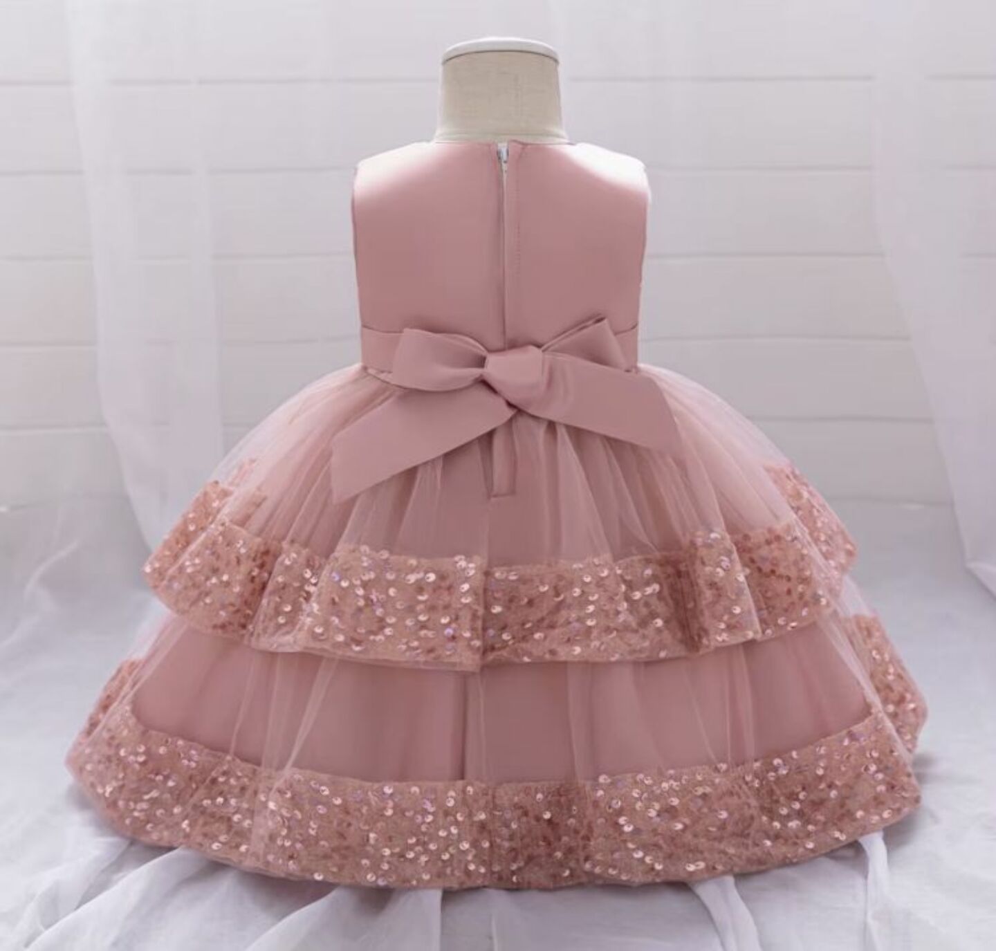 Lindsey Dusty Pink Sequin Bow Tiered Tulle Baby Girls Dress | Lucys