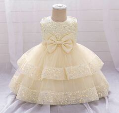 Lindsey Champagne Sequin Bow Tiered Tulle Baby Girls Dress | Lucys