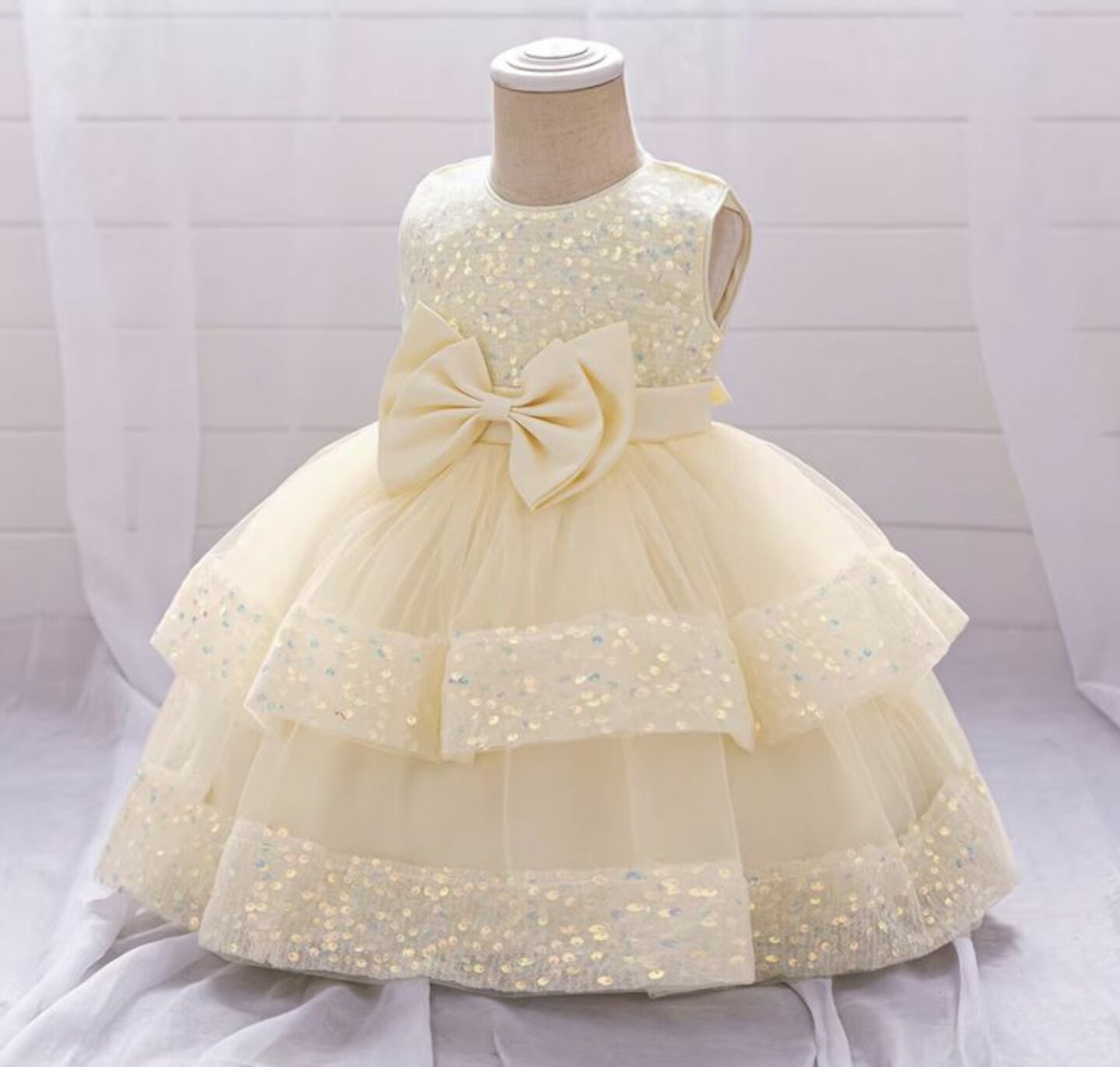 Lindsey Champagne Sequin Bow Tiered Tulle Baby Girls Dress | Lucys
