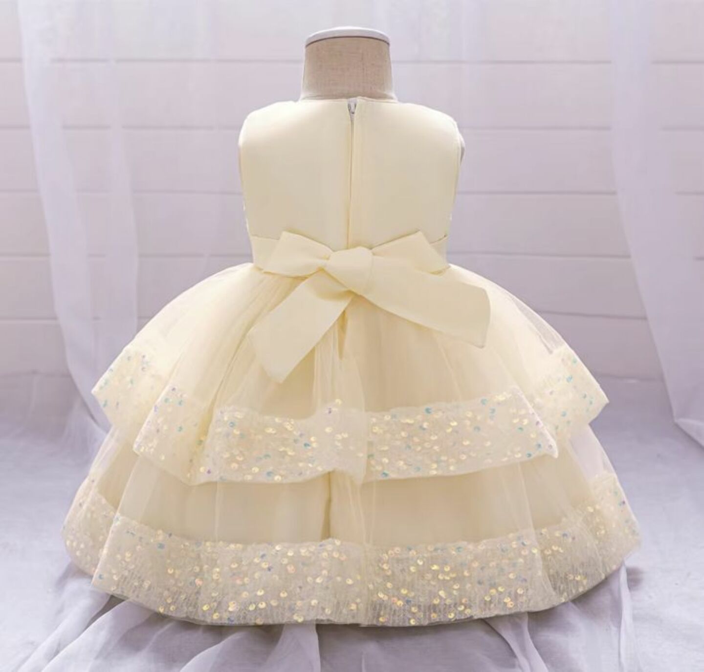 Lindsey Champagne Sequin Bow Tiered Tulle Baby Girls Dress | Lucys