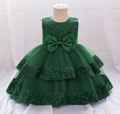 Lindsey Forest Green Sequin Bow Tiered Tulle Baby Girls Dress | Lucys