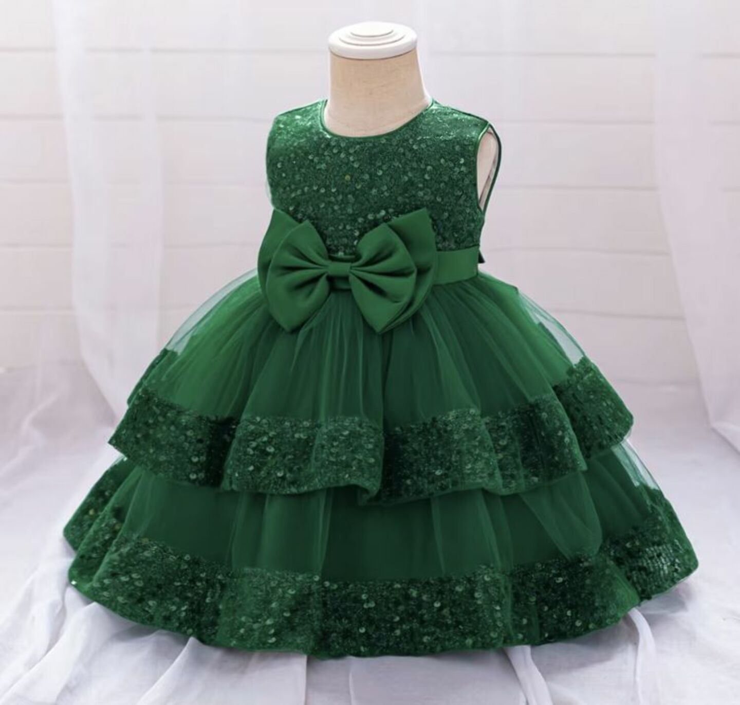 Lindsey Forest Green Sequin Bow Tiered Tulle Baby Girls Dress | Lucys