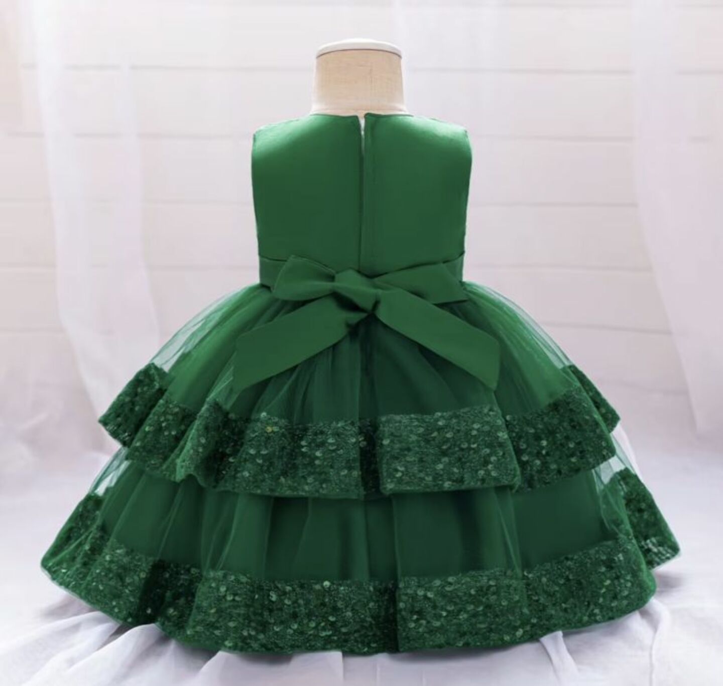 Lindsey Forest Green Sequin Bow Tiered Tulle Baby Girls Dress | Lucys