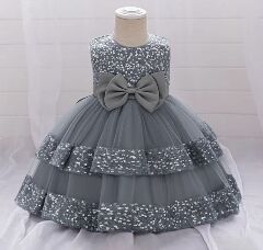 Lindsey Grey Sequin Bow Tiered Tulle Baby Girls Party Dress | Lucys
