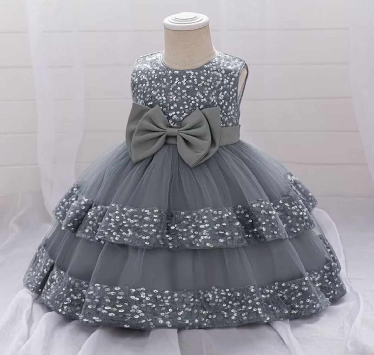Lindsey Grey Sequin Bow Tiered Tulle Baby Girls Party Dress | Lucys