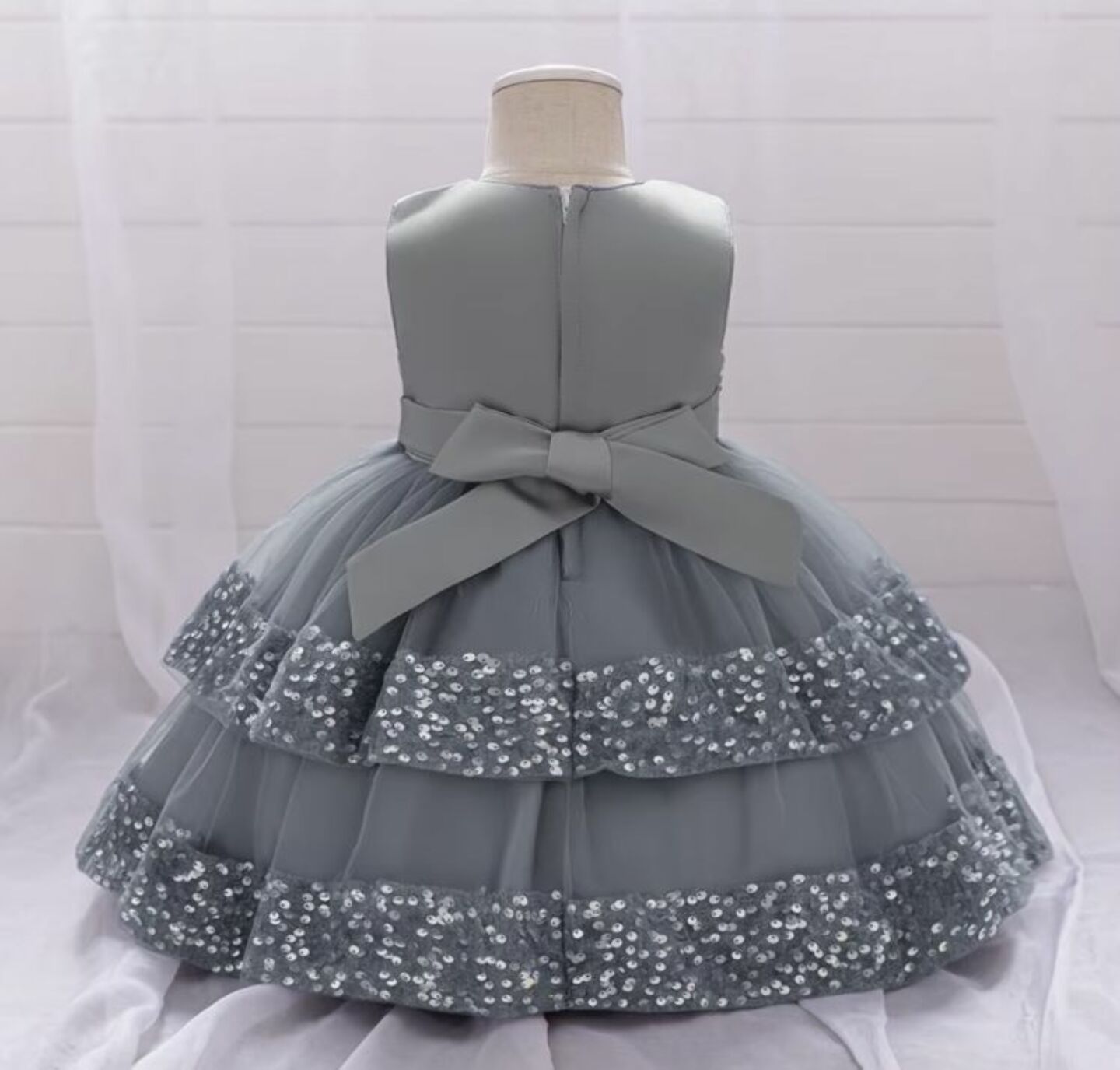 Lindsey Grey Sequin Bow Tiered Tulle Baby Girls Party Dress | Lucys
