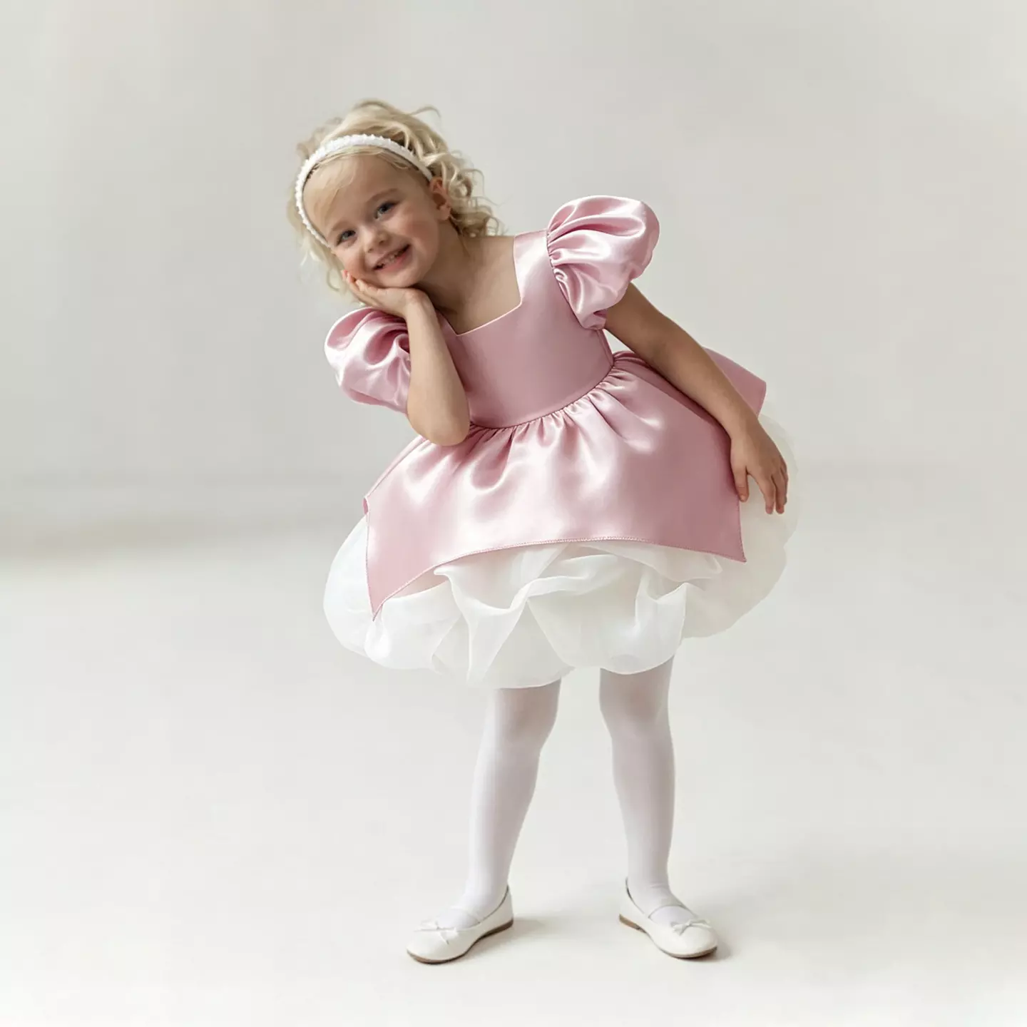 Collins Dusty Pink Satin Puff Sleeve Party Dress with Tulle Underskirt