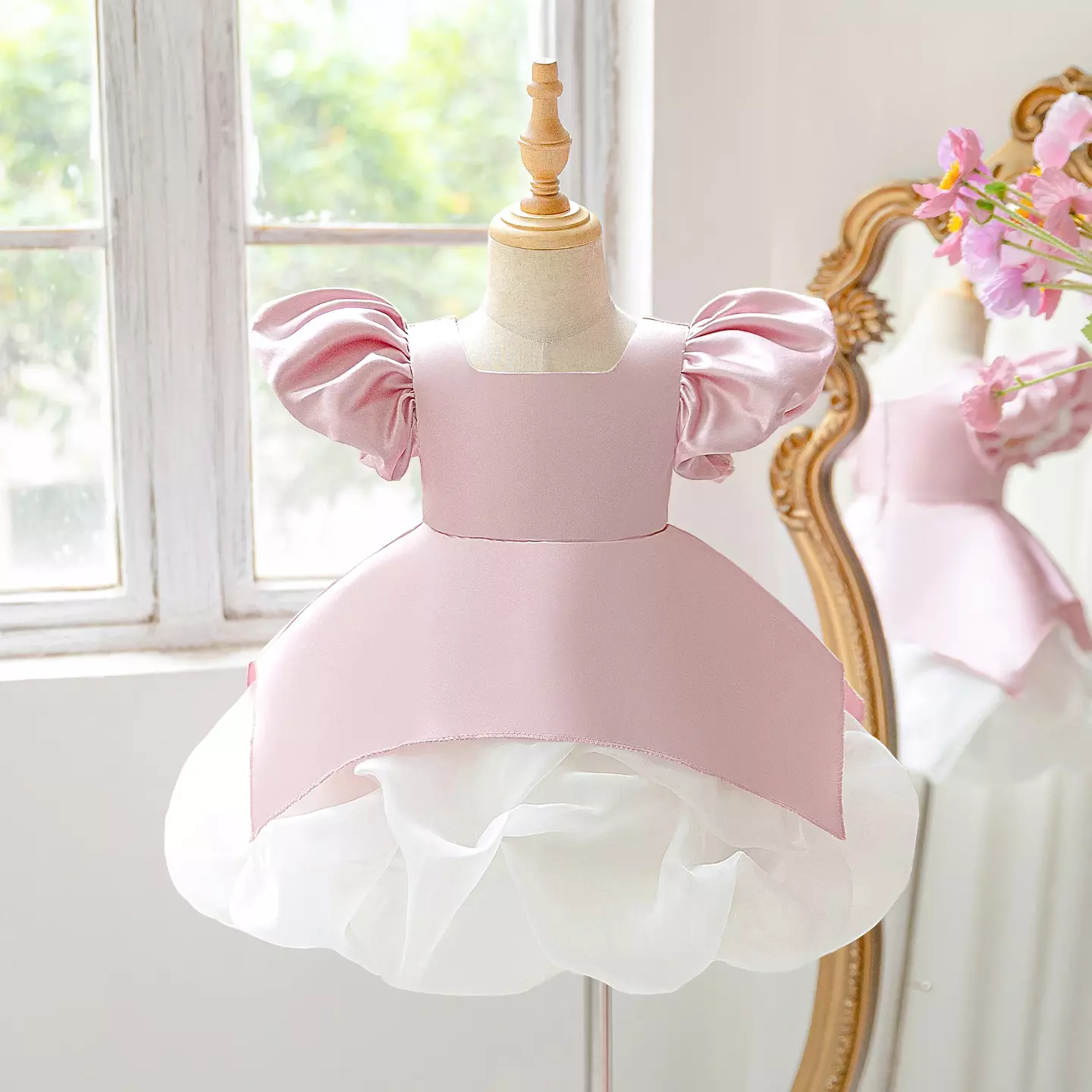 Collins Dusty Pink Satin Puff Sleeve Party Dress with Tulle Underskirt