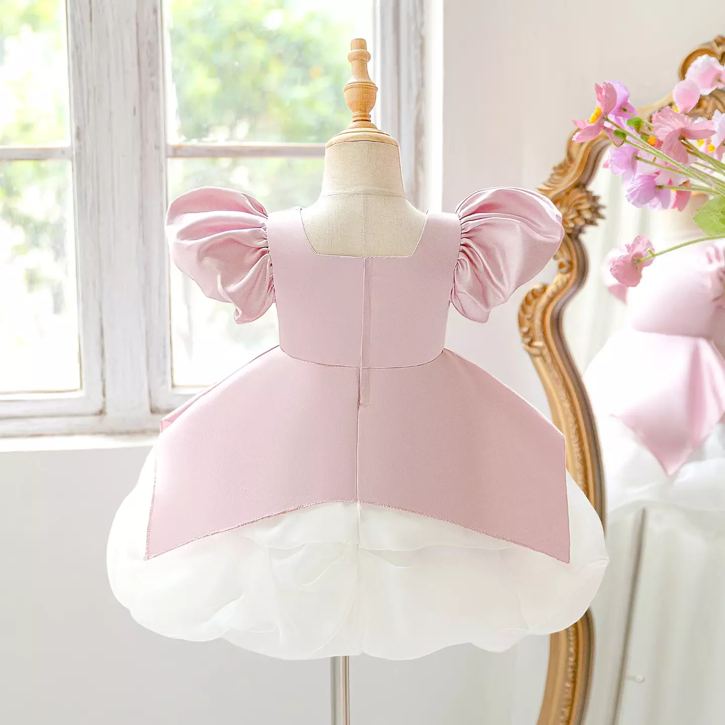 Collins Dusty Pink Satin Puff Sleeve Party Dress with Tulle Underskirt