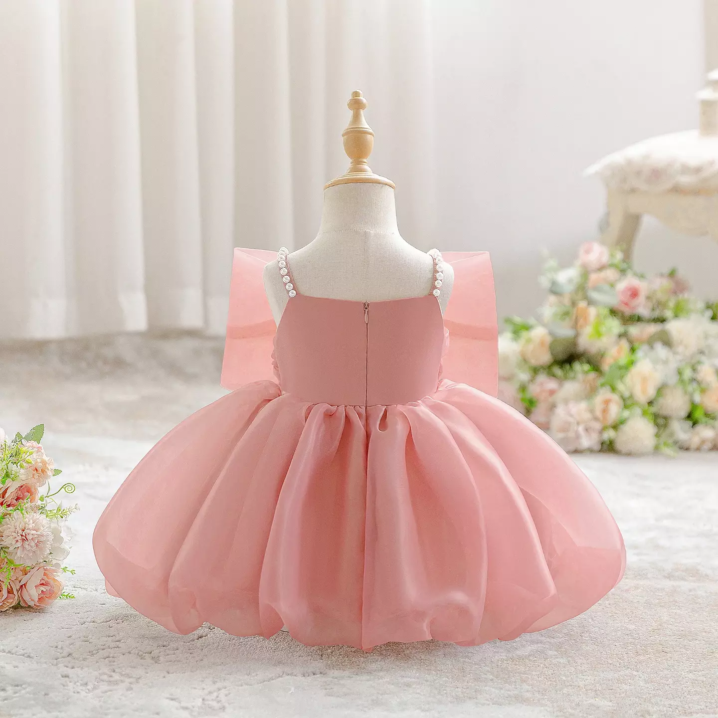 Samantha Dusty Pink Organza Bow Baby Party Dress with Bubble Hem