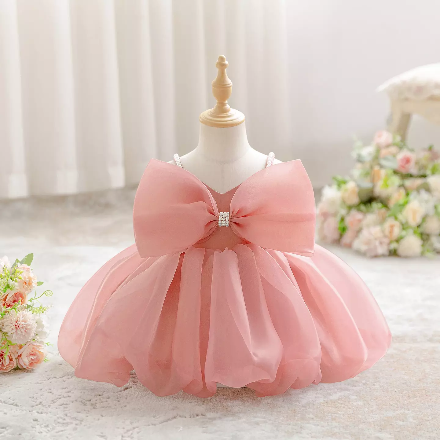 Samantha Dusty Pink Organza Bow Baby Party Dress with Bubble Hem