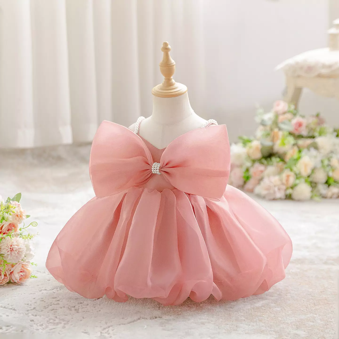 Samantha Dusty Pink Organza Bow Baby Party Dress with Bubble Hem