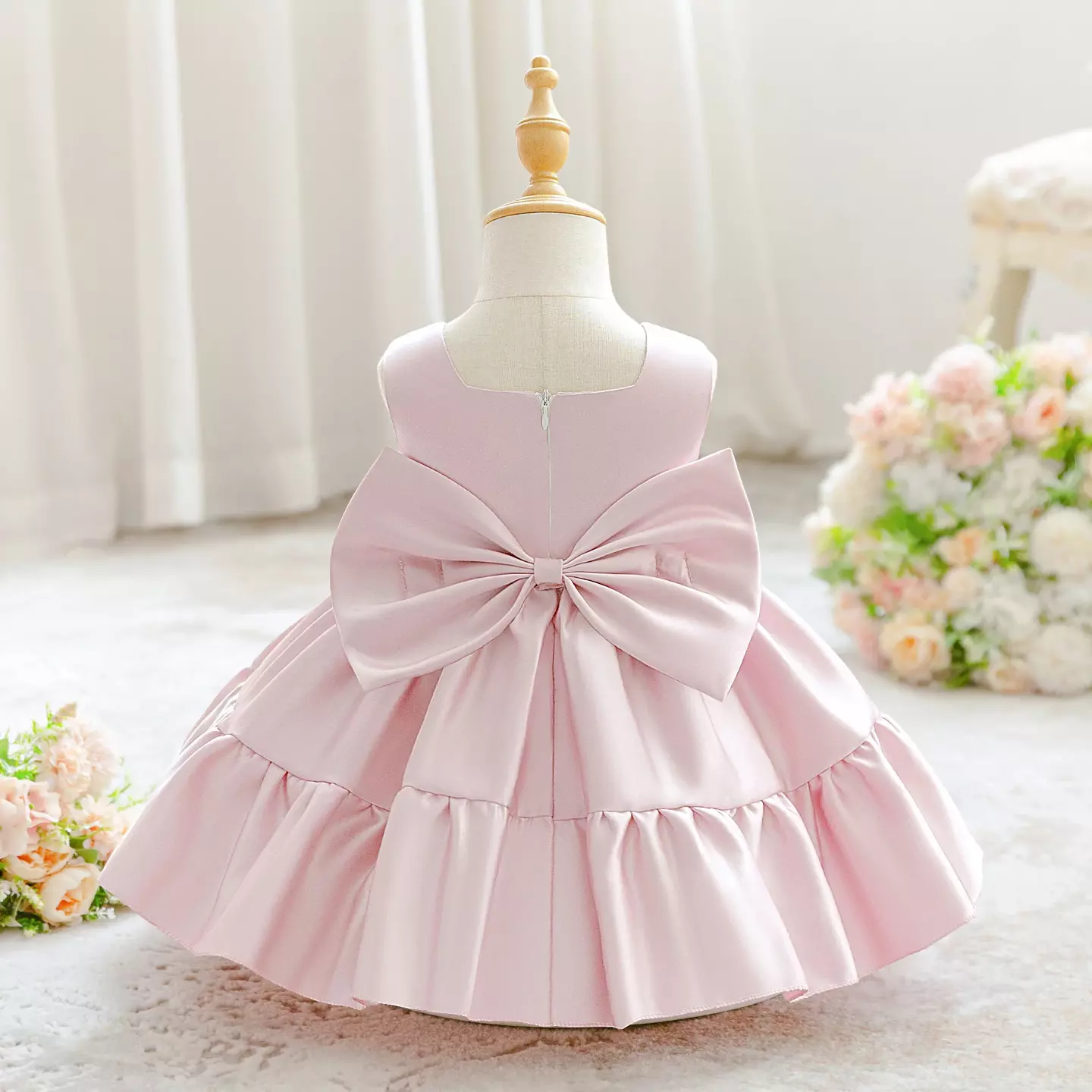 Feanna Dusty Pink Satin Pintuck Bodice Baby Party Dress with Back Bow