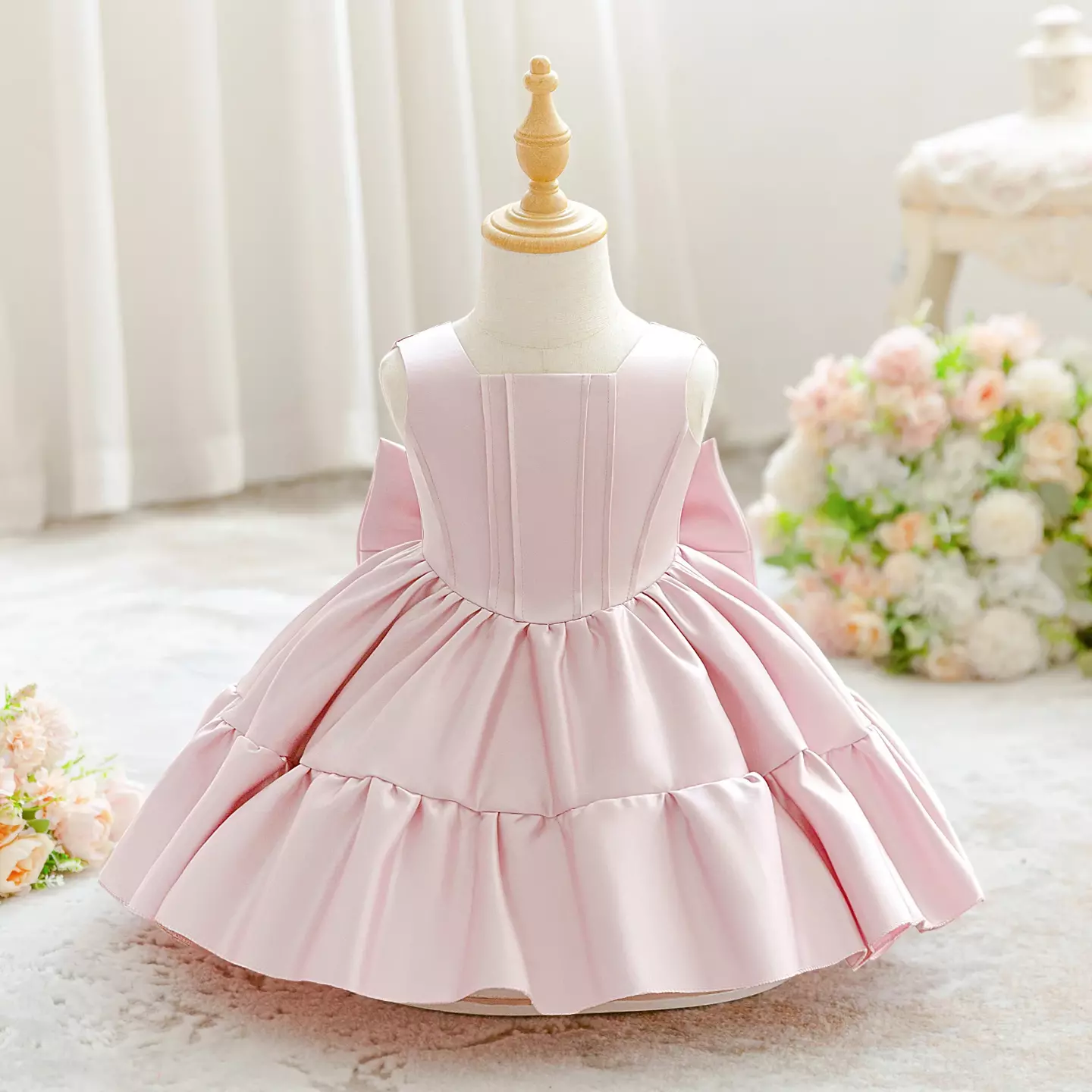 Feanna Dusty Pink Satin Pintuck Bodice Baby Party Dress with Back Bow