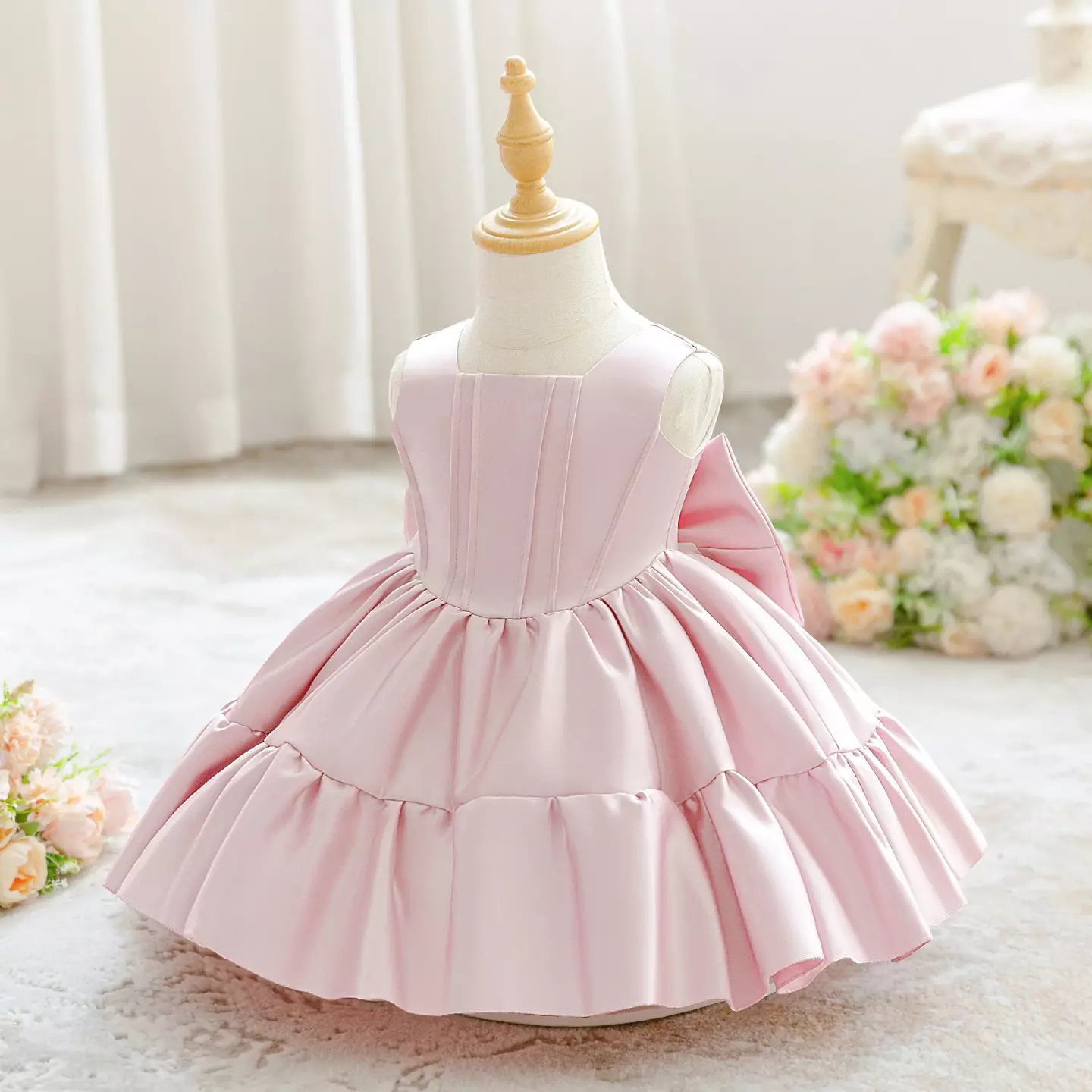 Feanna Dusty Pink Satin Pintuck Bodice Baby Party Dress with Back Bow