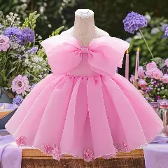 Samantha II Pink Organza Bow Baby Party Dress with Flower Hem