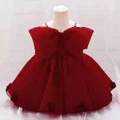 Samantha II Maroon Organza Bow Baby Party Dress with Flower Hem