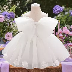 Samantha II White Organza Bow Baby Christening & Party Dress