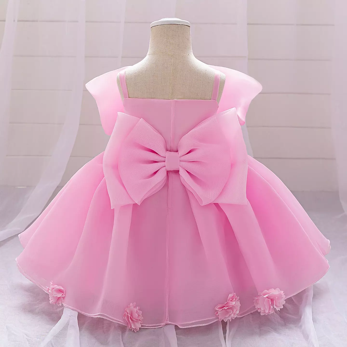 Samantha II Pink Organza Bow Baby Party Dress with Flower Hem