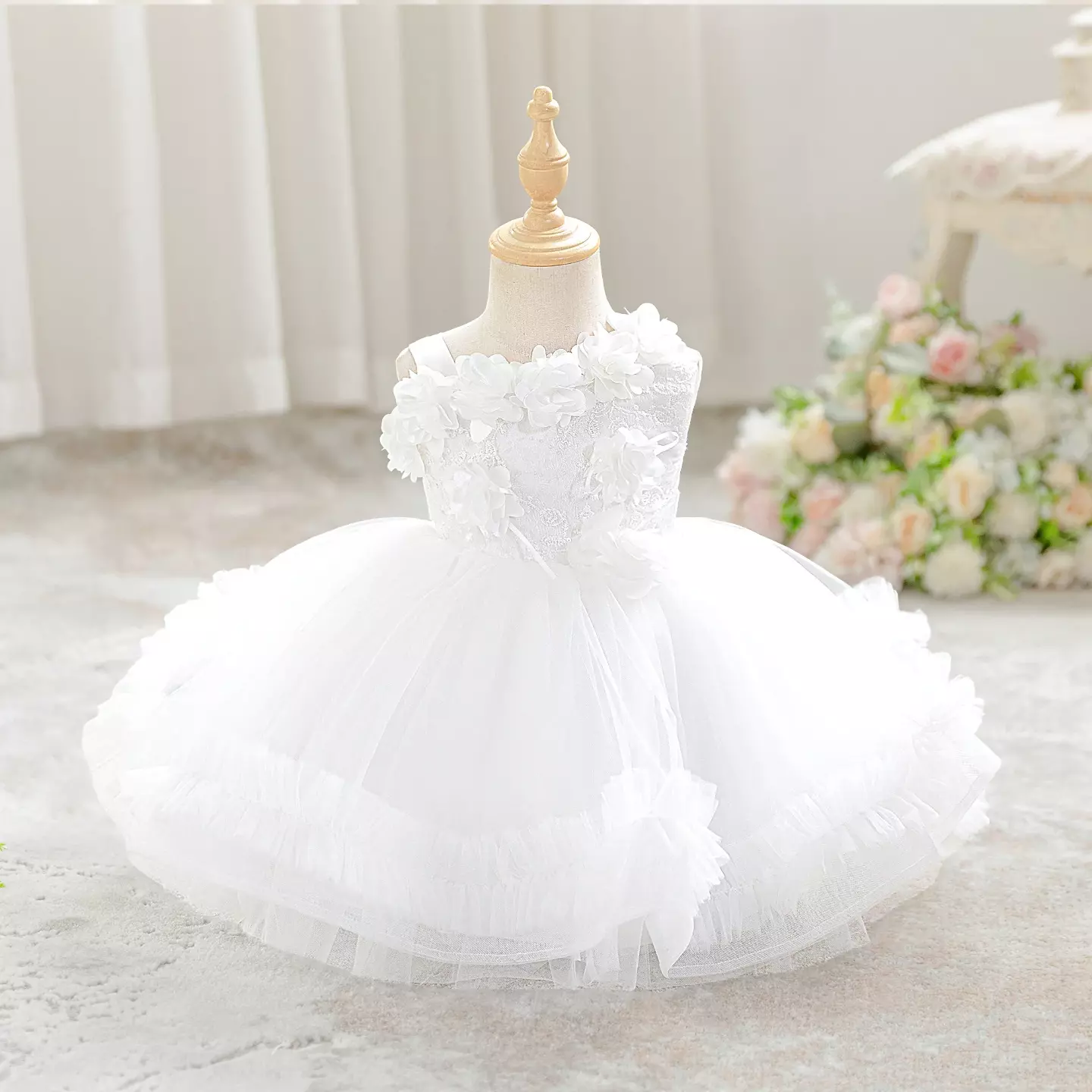Karina White 3D Flower Tulle Baby Christening Dress