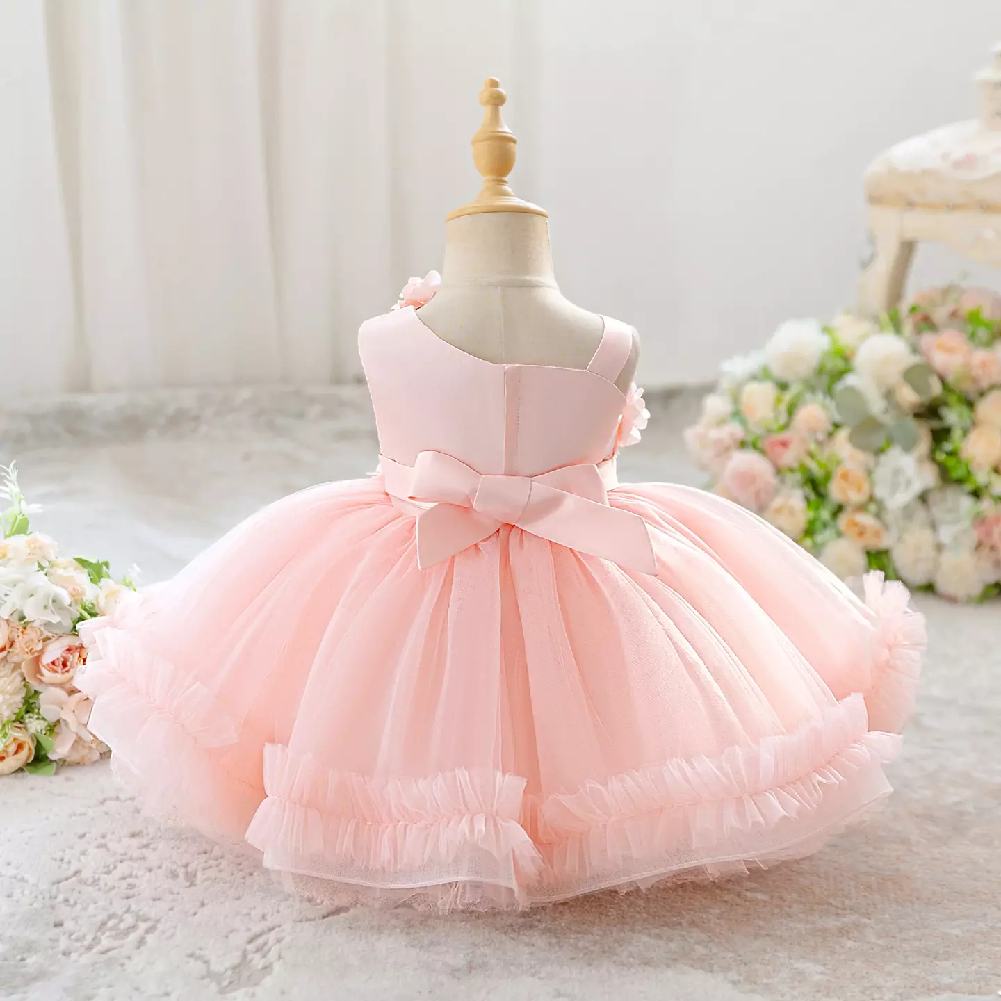 Karina Peach Pink 3D Flower Tulle Baby Party Dress