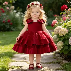 Zoya Maroon Satin Shoulder Bow Tiered Baby Party Dress